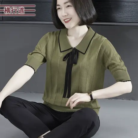 简约韩版翻领蝴蝶结撞色宽松针织短袖女外穿上衣大码2023夏季新款图片