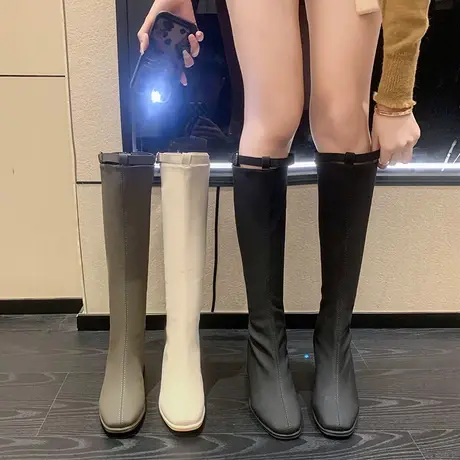 不过膝长筒靴女2023年新款秋季高跟粗跟小个子高筒靴显瘦气质长靴商品大图
