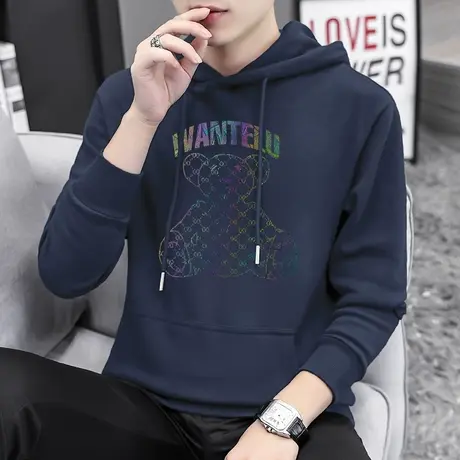 2023新款小熊卫衣男秋冬加绒加厚长袖套头带帽衫潮流宽松连帽外套图片