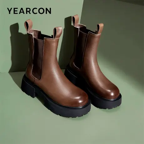 意尔康女鞋冬季厚底加绒短靴切尔西靴粗跟气质英伦显瘦复古烟筒靴商品大图