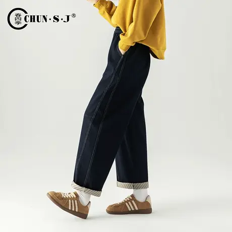 防褪色丹宁蓝直筒牛仔裤女2025新款秋季休闲松弛感裤子卷边阔腿裤商品大图