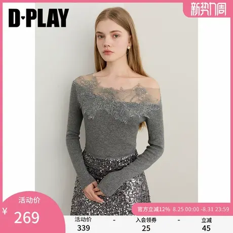 DPLAY2025年秋季新款灰色针织衫女露肩一字肩拼接蕾丝羊毛上衣图片