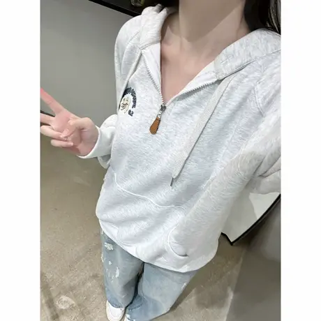 小众设计感半拉链连帽插肩袖卫衣女春秋宽松韩版休闲刺绣上衣外套商品大图