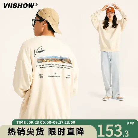 VIISHOW卫衣男秋季新款美式复古风景印花潮牌情侣圆领落肩外套图片