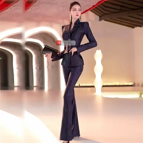 VJE商务风造型盘花领口小西服外套喇叭裤两件套2025秋季西装套装商品大图