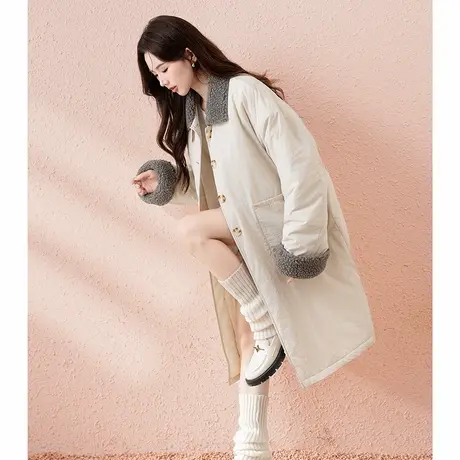 唐狮翻领撞色长款棉服女2024冬季厚外套时尚棉衣复古英伦风大衣图片