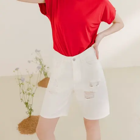 桔熊夏季休闲五分裤子女柔软外穿破洞纯色高腰宽松中裤大码BA6787图片