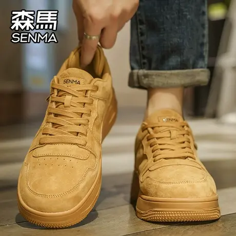 森马男鞋秋季真皮百搭低帮休闲板鞋学生运动厚底增高小麦色潮鞋子图片