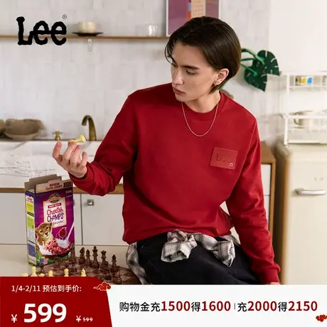 Lee商场同款26年标准版圆领马年新春限定男款皮革贴布卫衣红色潮图片