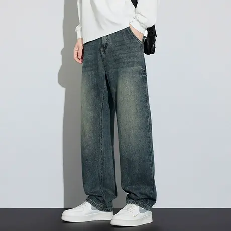 唐狮春季美式高街弯刀牛仔裤男潮牌宽松帅拼接水洗做旧阔腿裤GT图片