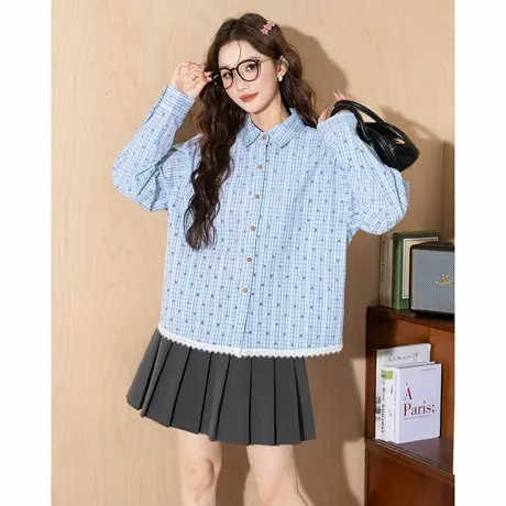 唐狮秋冬新款女衬衫荷叶边领小格子设计小众长袖上衣外套女TM图片