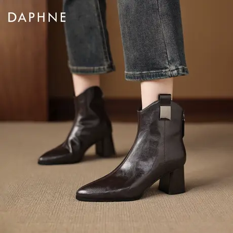 达芙妮棕色短靴女款2026新款冬季加绒粗高跟瘦瘦靴法式尖头马丁靴商品大图