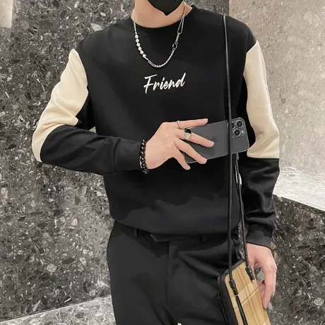 春秋季圆领卫衣男个性拼色字母设计感宽松上衣日常长袖打底衫外套商品大图