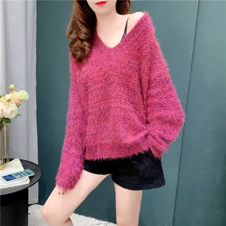 2021年秋季新款宽松软糯V领亮丝打底针织衫短款宽松毛衣女上衣潮商品大图