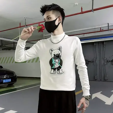 秋冬半高领毛衣男ins潮网红爆款卡通刺绣简约针织衫修身内搭线衣商品大图