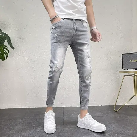 2023秋冬新款做旧破洞九分裤男潮韩版修身小脚牛仔裤刮烂铅笔裤子商品大图