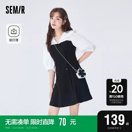 森马连衣裙女木耳边大翻领优雅时尚百搭秋季易打理拼色小黑裙通勤图片