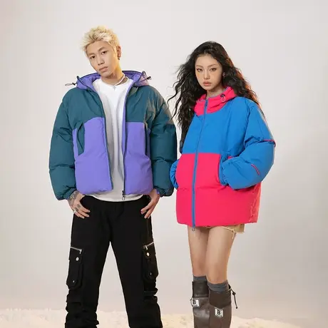 复古拼色连帽棉服女加厚冬季外套2023年新款情侣装宽松面包服棉衣图片