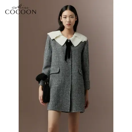 COCOON商场同款2023秋冬新款学院风格纹绵羊毛中长款毛呢大衣商品大图