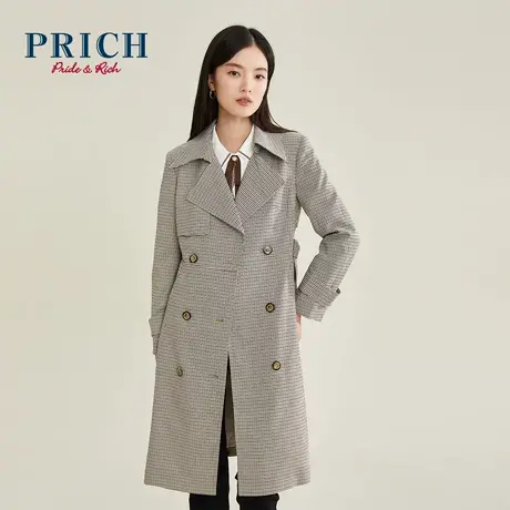 PRICH风衣气质百搭复古格子双排扣系带收腰显瘦中长款外套女图片