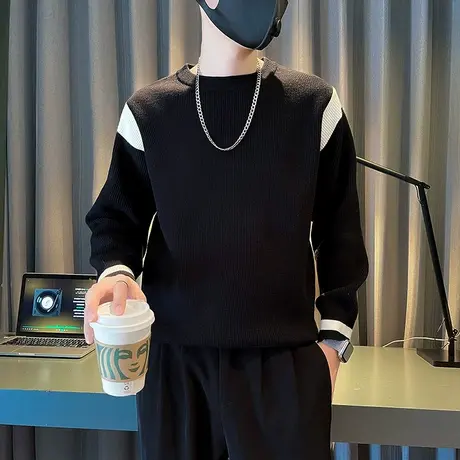 重磅拼色毛衣男秋冬时尚个性痞帅小众设计感潮牌轻熟内搭针织上衣图片