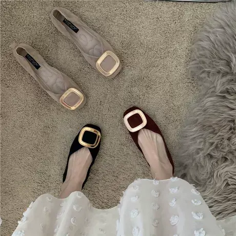 平底鞋单鞋女鞋子2022年秋冬新款方头浅口扣子奶奶鞋乐福鞋低跟商品大图