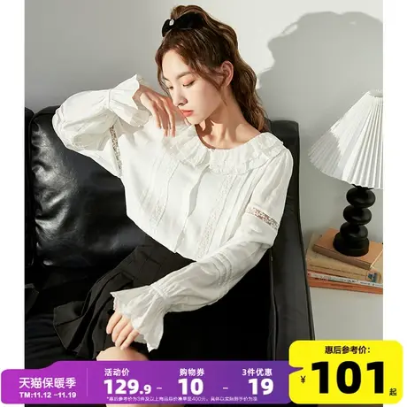 2022新款甜美女式衬衫唐狮设计感娃娃领长袖衬衫拼接法式上衣百搭图片