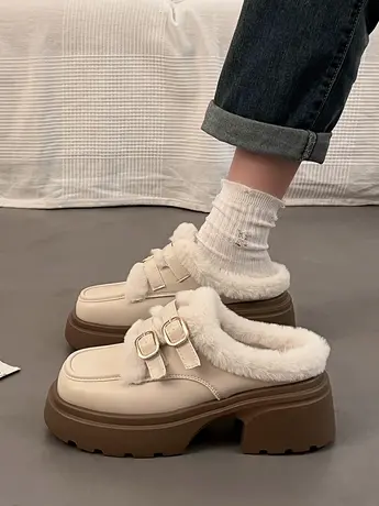 高级感粗跟包头拖鞋女士2023年冬季新款法式网红时尚皮带扣毛毛拖商品大图