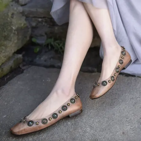 Artmu阿木原创复古手工鞋浅口单鞋女平底豆豆鞋民族风真皮女鞋子图片