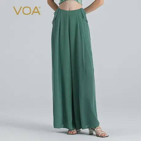 VOA云杉绿30姆米重磅做旧桑蚕丝自然腰侧口袋国货真丝宽腿长裤商品大图