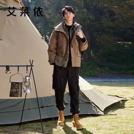 艾莱依工装羽绒服男派克新款连帽户外运动短款冬休闲保暖鸭绒外套商品大图