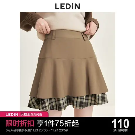乐町学院风半身裙休闲秋冬新款A字裙格纹卡其色拼接短裙半裙图片
