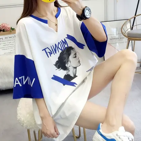 ins短袖t恤女夏韩版大码女装宽松v领中长款下衣失踪网红上衣服潮商品大图
