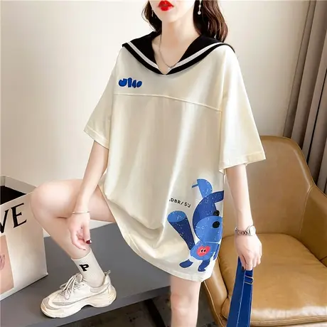 设计感小众短袖t恤女夏季韩版宽松大码女装中长款v领海军风上衣服商品大图