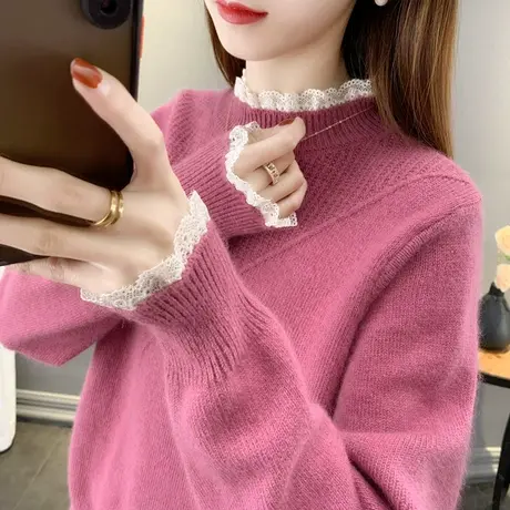 半高领蕾丝打底衫女装秋冬韩版时尚外穿内搭洋气减龄拼接套头毛衣商品大图