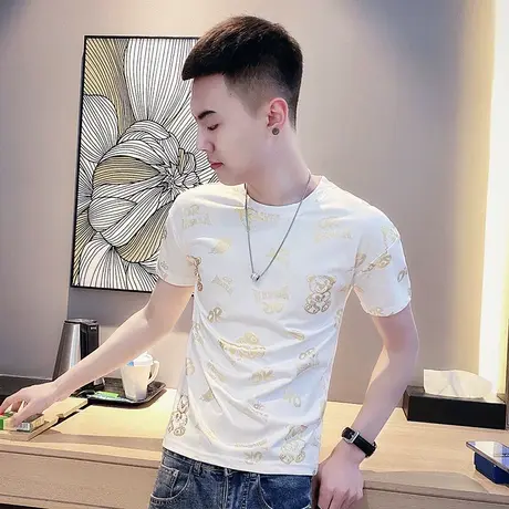 夏季男士t恤短袖修身半袖潮流个性花色字母满印紧身小码圆领体恤商品大图