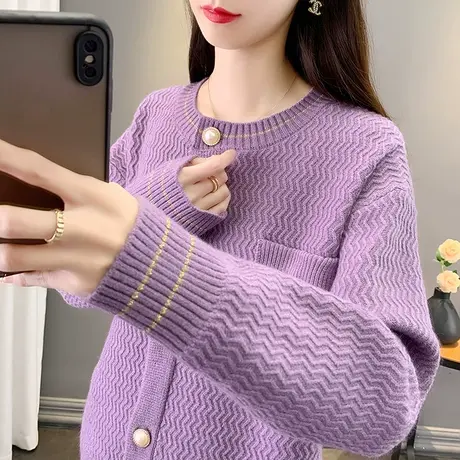 2023新款韩版纯色圆领开衫外套长袖上衣宽松针织衫春装女毛衣时尚商品大图