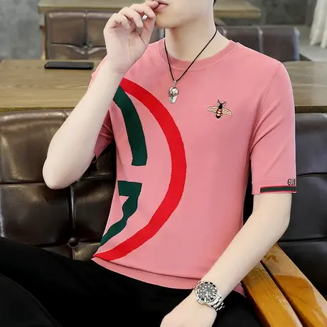 夏季冰丝t恤男潮流韩版小蜜蜂刺绣体恤秋天薄款圆领打底毛衣短袖商品大图