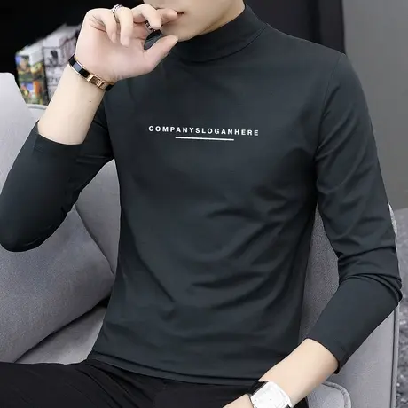 莫代尔男士长袖t恤半高领灰色潮流秋季上衣打底衫男内搭中领体恤商品大图