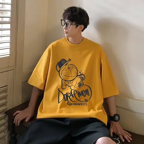 短袖t恤男夏季潮牌宽松多啦A梦半袖上衣2024新款港风纯棉薄款体恤商品大图