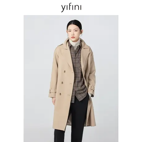 Yifini/易菲大翻领宽松长款美拉德风衣女秋冬新款百搭外套商品大图