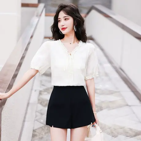时尚甜美气质花边短袖衬衫2022年夏季新款淑女温柔显瘦百搭上衣商品大图
