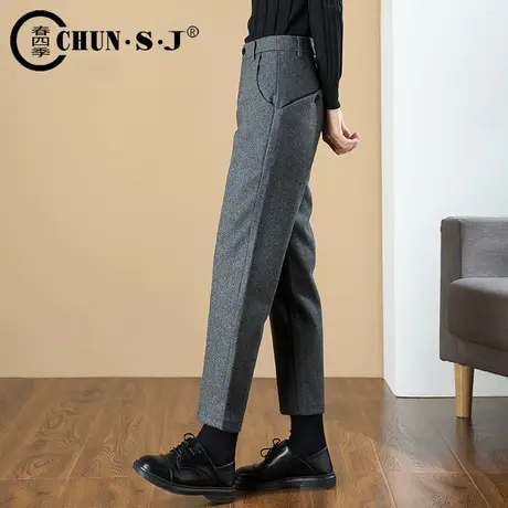 毛呢哈伦裤女秋冬新款羊毛呢子女裤休闲九分高腰显瘦萝卜裤西装裤商品大图