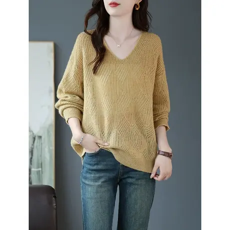 宝诗黎V领慵懒镂空羊毛衫长袖宽松毛衣2023秋季新款内搭温柔上衣图片