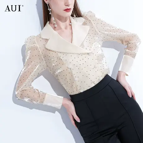 AUI复古波点气质泡泡长袖衬衫2023女春新款小众设计法式别致上衣图片