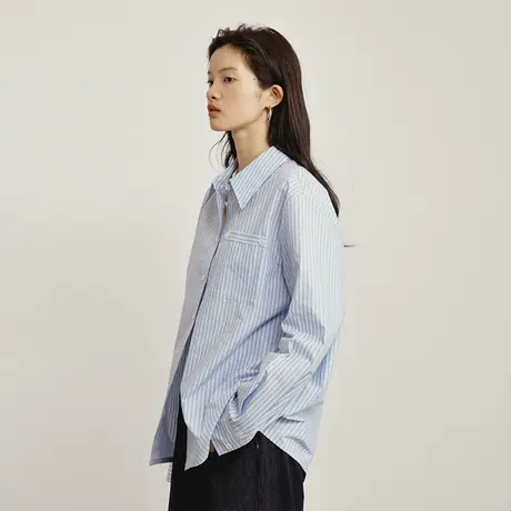 omont蛋挞家 复古撞色条纹衬衫女2023秋新款别致宽松休闲长袖衬衣商品大图
