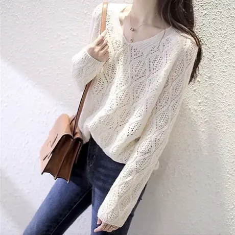 v领冰丝镂空针织衫女2023新款白色打底衫春秋款宽松空调小衫上衣图片