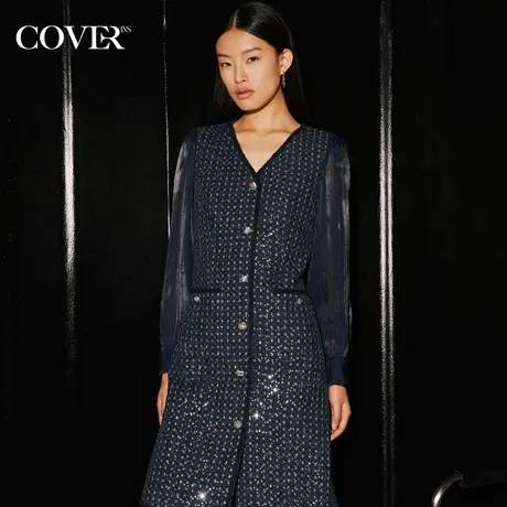 COVER冬季烧花珠片拼接牛仔连衣裙图片
