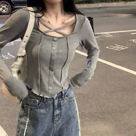 甜辣妹交叉绑带长袖t恤女装春秋设计感小众外穿打底衫纯欲风上衣商品大图