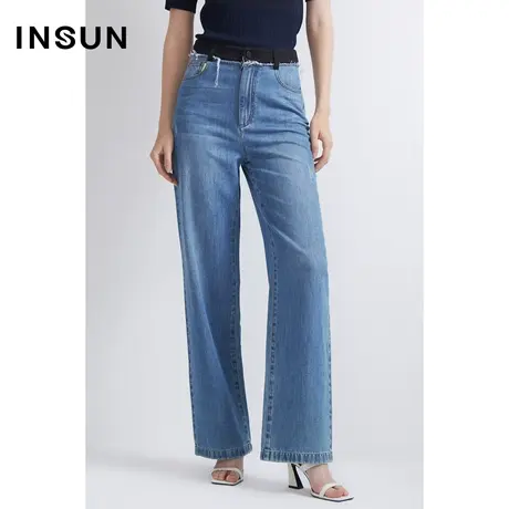 INSUN恩裳夏季撞色拼接骨感纯棉牛仔裤商品大图